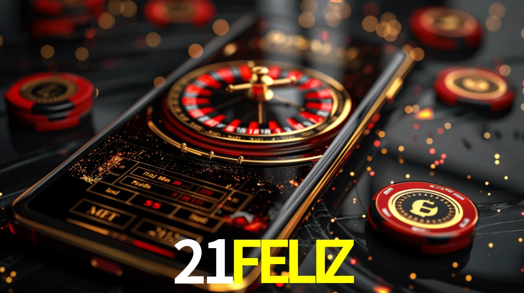 Una escena digital vívida inspirada en casino con 21FELIZ mostrado prominentemente, luces brillantes, fichas, cartas y acentos dorados.