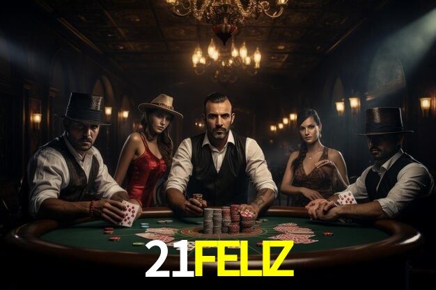 Escena dinámica inspirada en casino con iluminación 21FELIZ, cartas, fichas e íconos de juegos digitales en un espacio moderno de juegos.